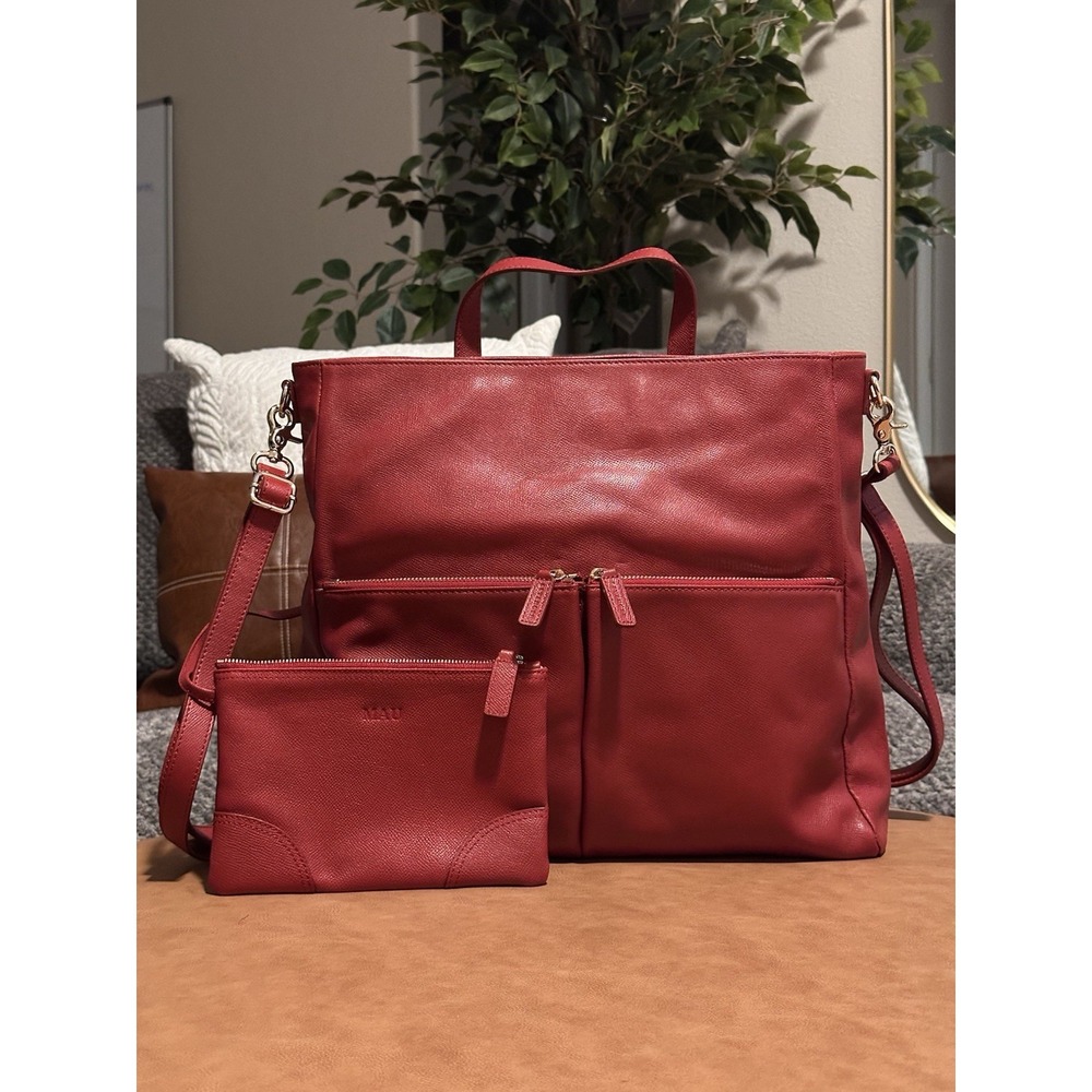 Levenger Red Leather Convertible Backpack Top Handle Bag + Matching Pouch